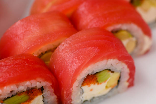 Close-up of colorful Vegan Watermelon Tuna Sushi, a creative and plant-based take on sushi rolls